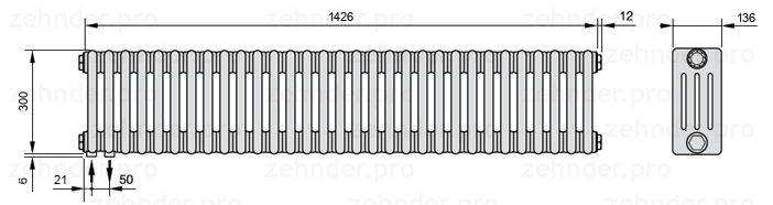 Схема (чертеж) Радиатор Zehnder Charleston 4030/31 №3370 Белый глянцевый RAL 9016